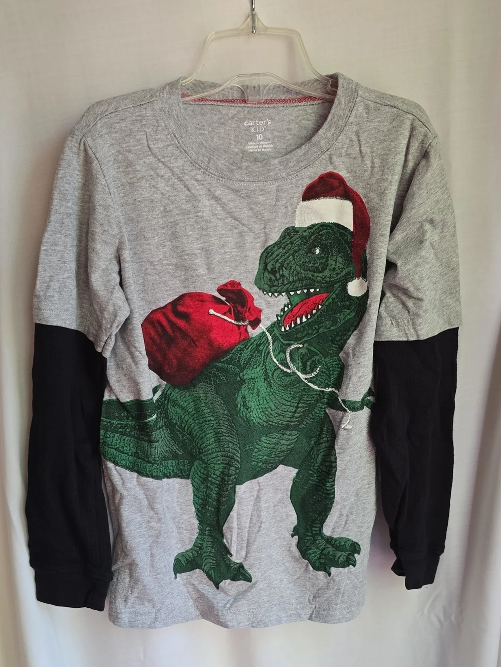 Carter's Little Boys Gray & Black Long-Sleeve Dinosaur Holiday Chrustmas Tee